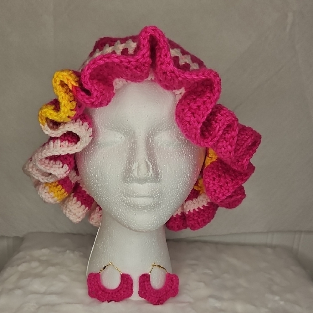 Handcrafted Pink and Yellow Crochet Hat and Earrings Set